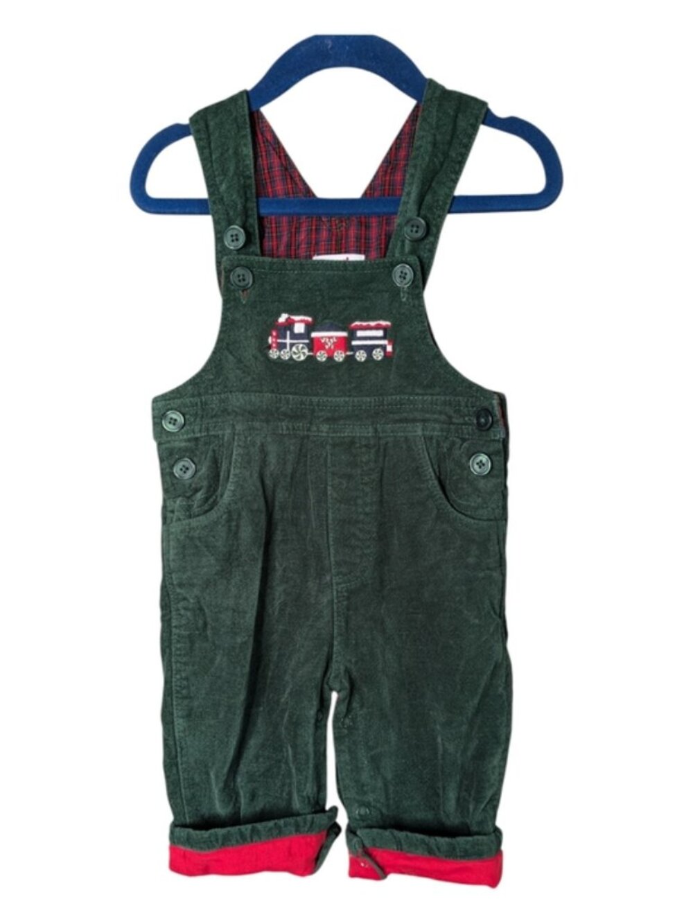 Kitestrings by Hartstrings Green Corduroy Overalls Embroidered Train 3/6 Months